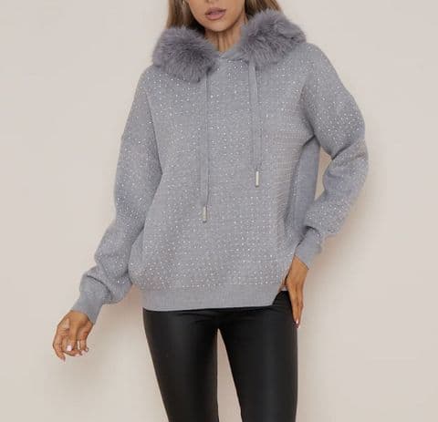 Foxy Diamanté Faux Fur Hoodie Grey