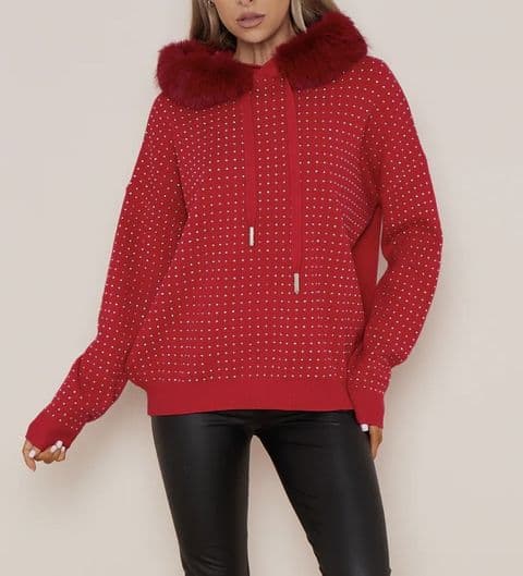 Foxy Diamanté Faux Fur Hoodie Red