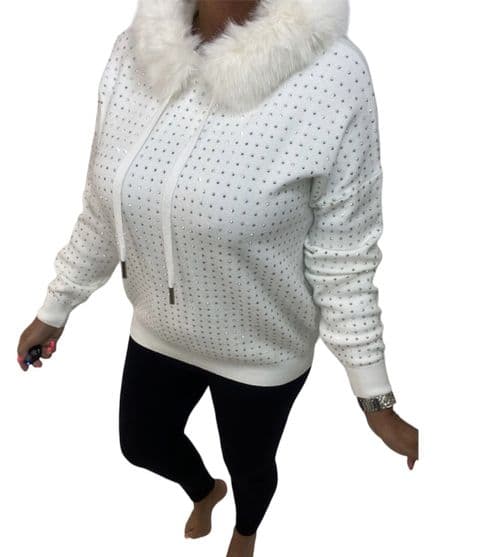 Foxy Diamanté Faux Fur Hoodie White
