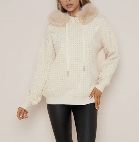 Foxy Diamanté Faux Fur Hoodies Cream