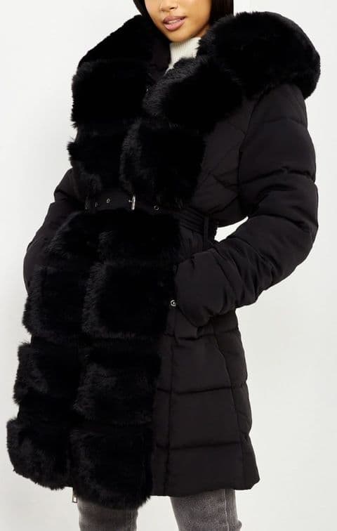 Frisella Faux Fur Hooded Padded Coat Black