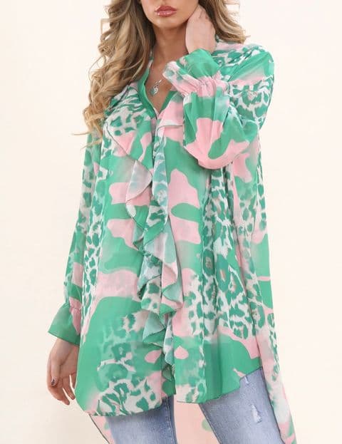 FUGI GREEN LEOPARD RUFFLE FRILL BLOUSE