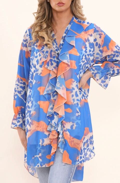 FUGI ROYAL BLUE LEOPARD RUFFLE FRILL BLOUSE
