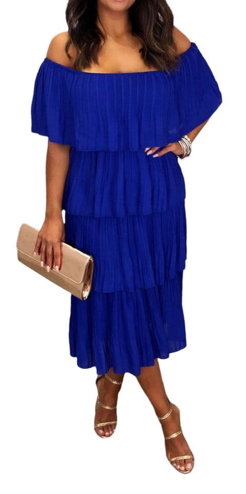GENEVA PLEATED BARDOT TIER MIDI DRESS COLBOLT BLUE