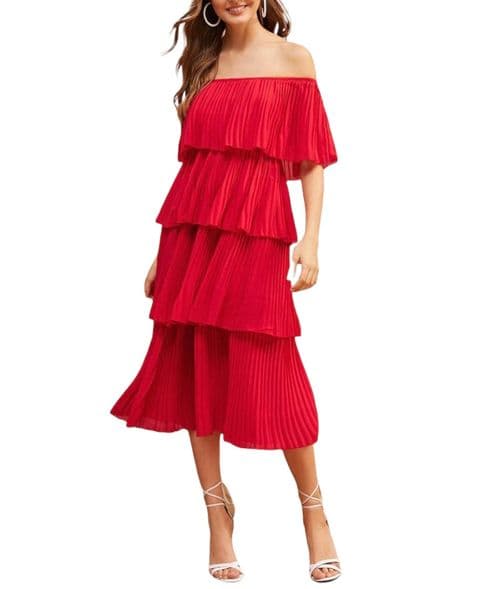 GENEVA PLEATED BARDOT TIER MIDI DRESS RED