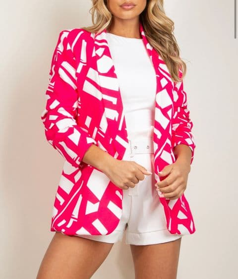 Geo Print Ruffle Sleeve Blazer Pink