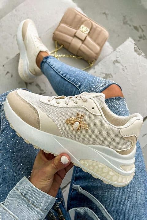 Glitzy Bee Trainers Beige