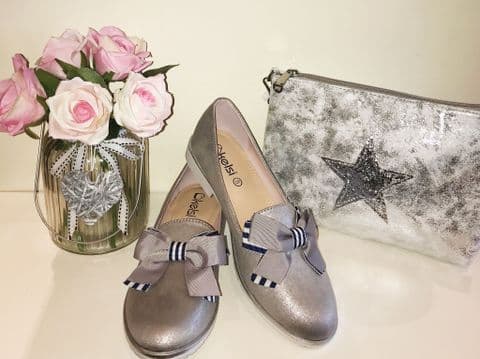 Grey Striped Bow Loafers