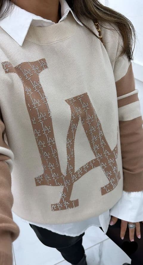 Harper LA Diamante Logo Jumper Cream & Camel