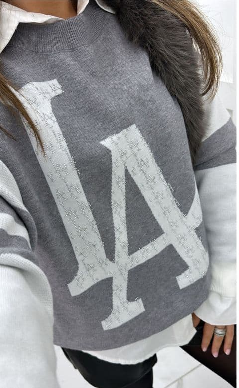 Harper LA Diamante Logo Jumper Grey & White