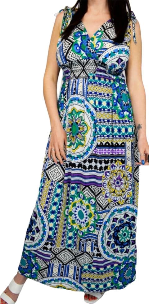 HAVANNAH BLUE MULTICOLOURED SLINKY MAXI DRESS