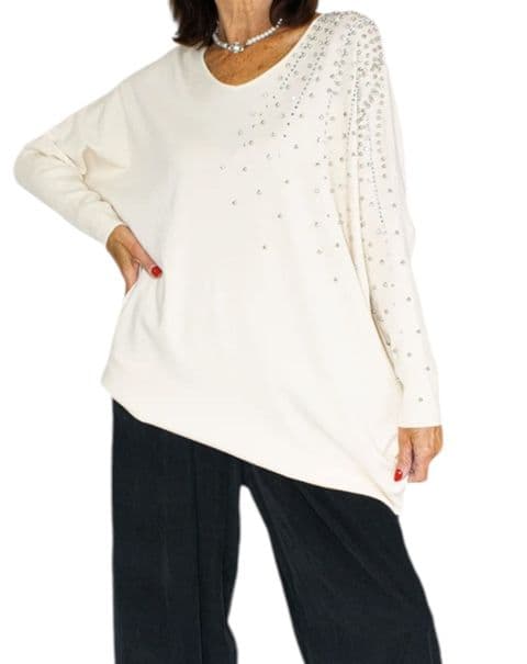Kaia Diamante Sleeve Slouch Knit Cream