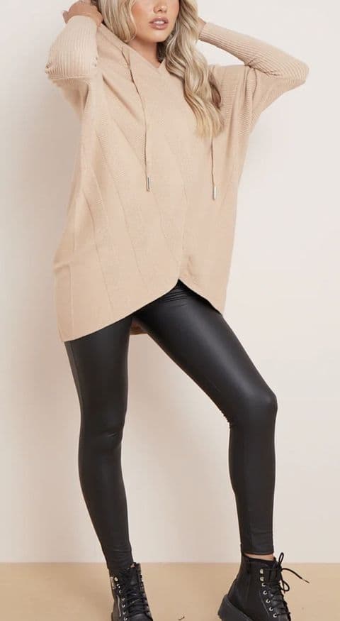 Kelly Textured Oversized V Neck Hoodie Camel