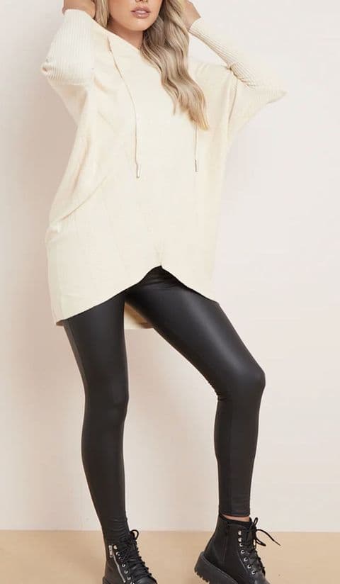 Kelly Textured Oversized V Neck Hoodie Cream
