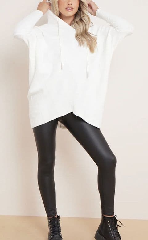Kelly Textured Oversized V Neck Hoodie White