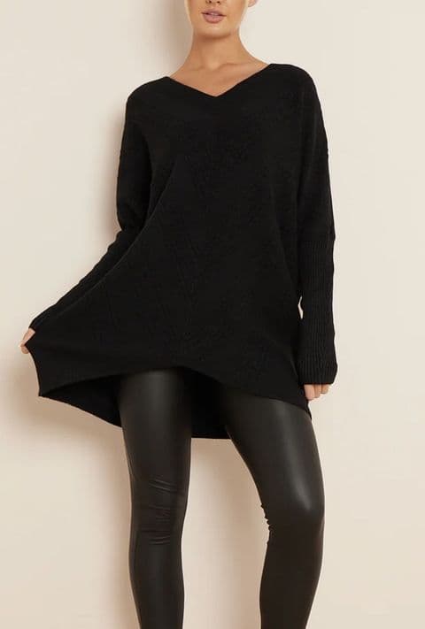 Kelly Textured Oversized V Neck Jumper Black