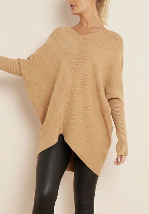 Kelly Textured Oversized V Neck Jumper Camel