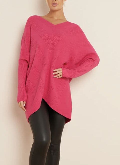 Kelly Textured Oversized V Neck Jumper Fushia Pink