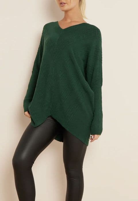 Kelly Textured Oversized V Neck Jumper Green