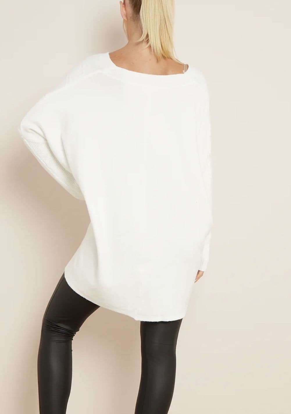Kelly Textured Oversized V Neck Jumper White