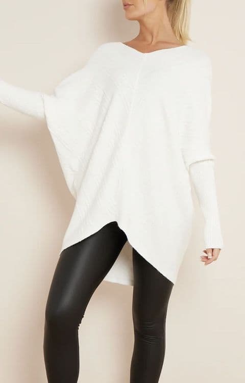 Kelly Textured Oversized V Neck Jumper White