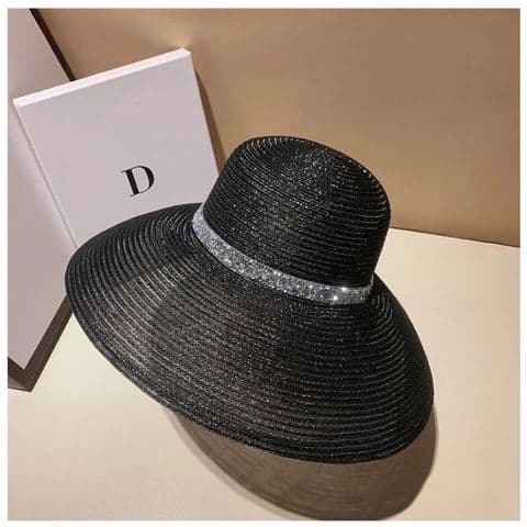LARGE BRIM SILVER SPARKLE TRIM SUN BEACH HAT BLACK