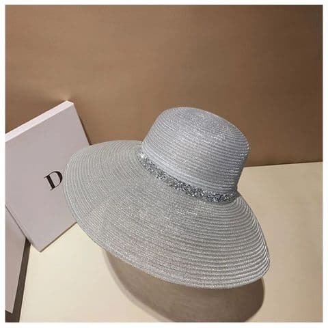 LARGE BRIM SILVER SPARKLE TRIM SUN BEACH HAT SILVER