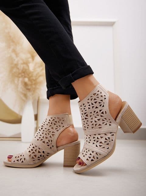 Laser Cut Heeled Sandals Nude Beige