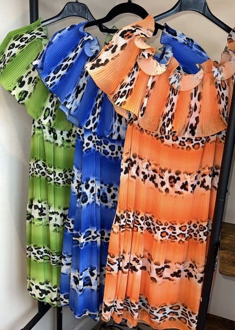 Leopard Print Bardot Ruffle Tunic Dress