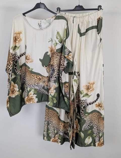 Leopard Silk Blend Two Piece Suit Khaki