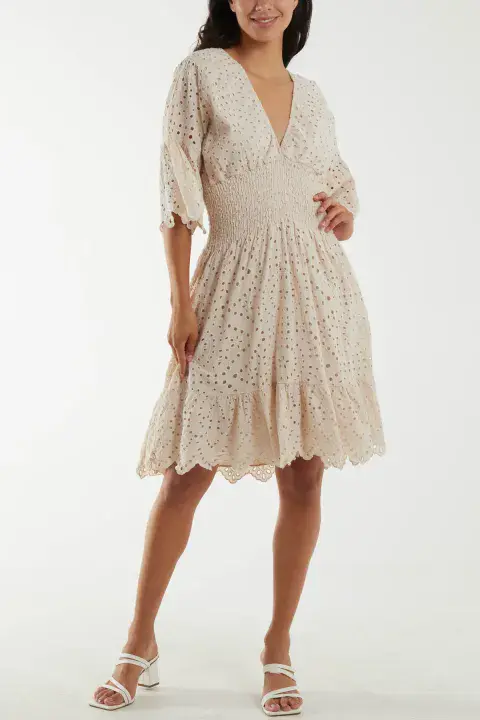 Lorenzo Broderie Anglaise Laser Cut Midi Dress Beige