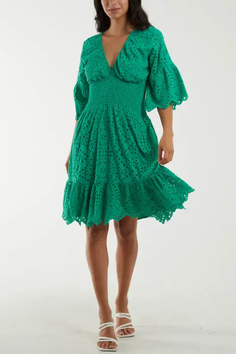 Lorenzo Broderie Anglaise Laser Cut Mini Dress Gucci Green