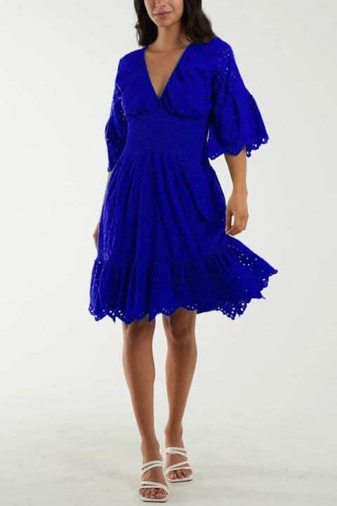 Lorenzo Broderie Anglaise Laser Cut Mini Dress Royal Blue