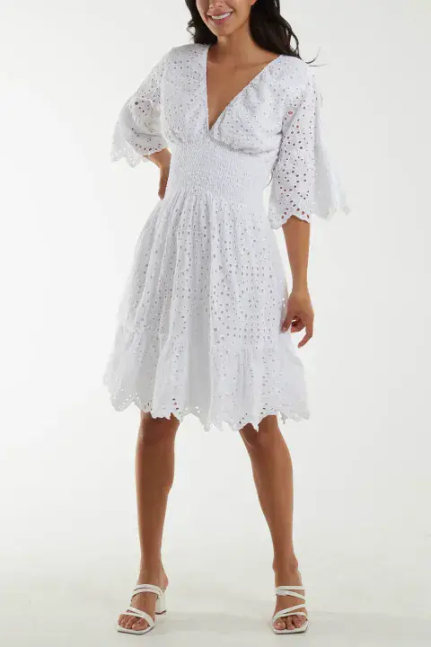 Lorenzo Broderie Anglaise Laser Cut Mini Dress White