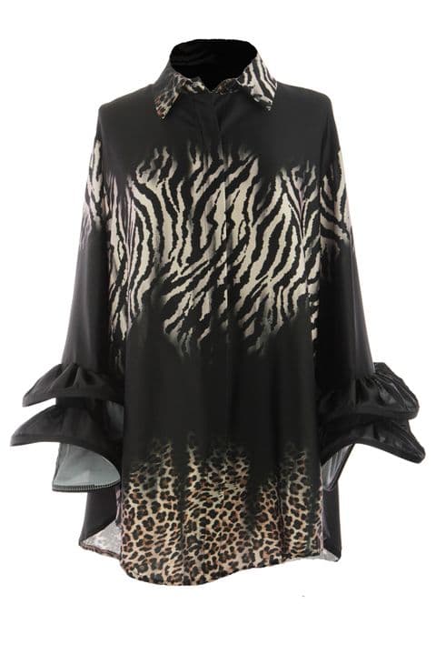 Loxy Animal Print Frill Sleeve Shirt Black