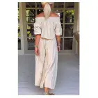 Macie Co Ord Bardot Top &  Plazzo Set Beige