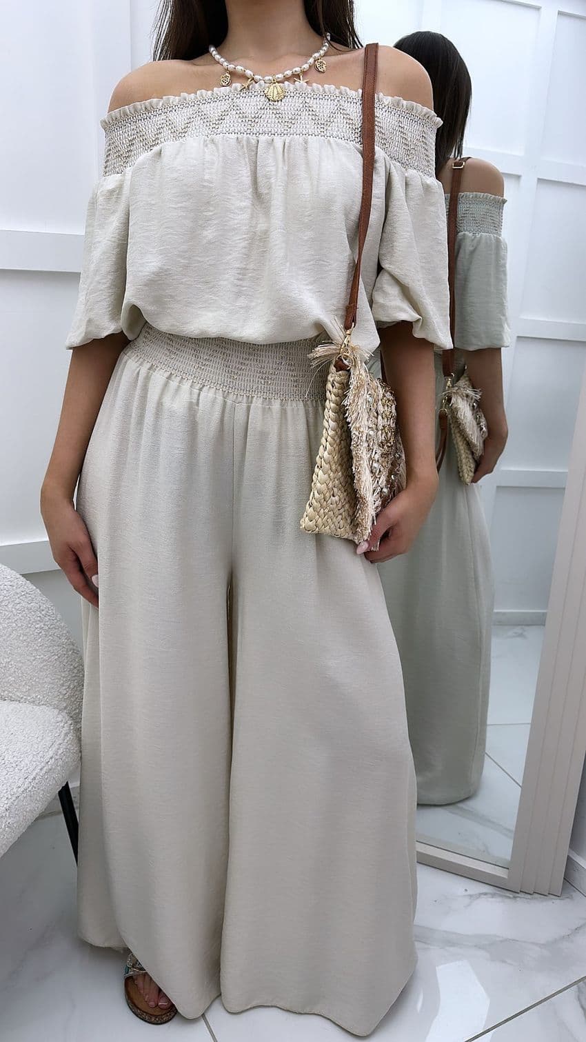 Macie Co Ord Bardot Top &  Plazzo Set Beige