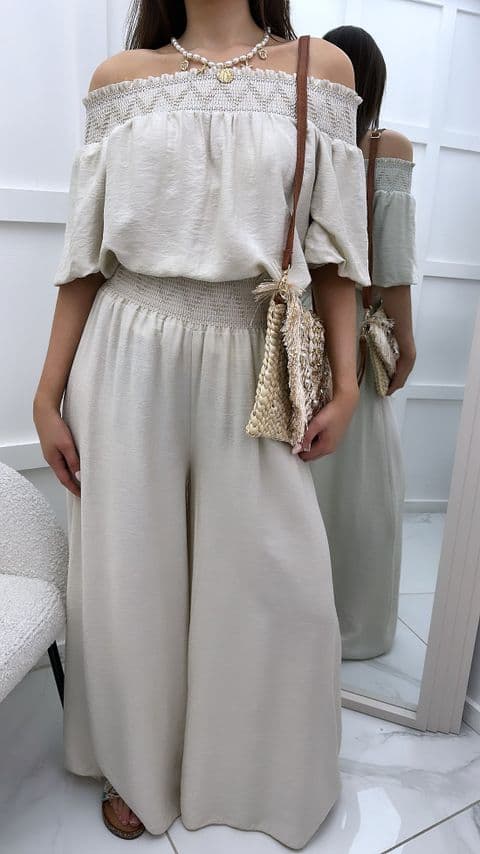 Macie Co Ord Bardot Top & Plazzo Set Beige