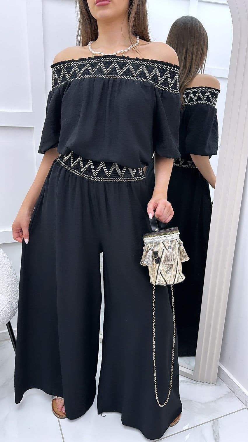 Macie Co Ord Bardot Top &  Plazzo Set Black