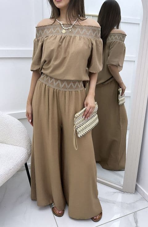 Macie Co Ord Bardot Top & Plazzo Set Camel
