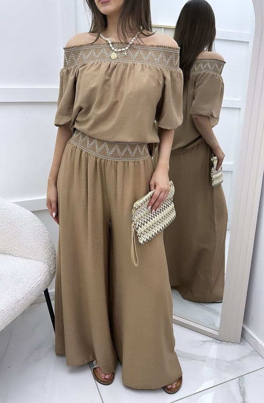 Macie Co Ord Bardot Top & Plazzo Set Camel