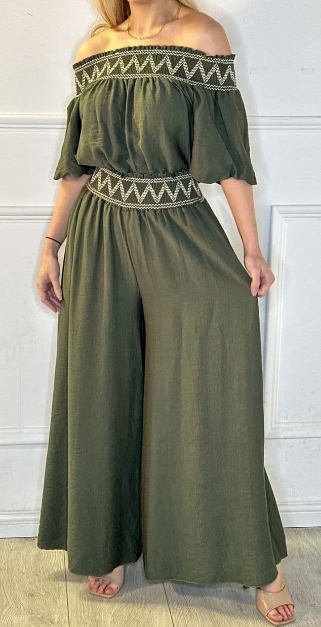 Macie Co Ord Bardot Top &  Plazzo Set Khaki