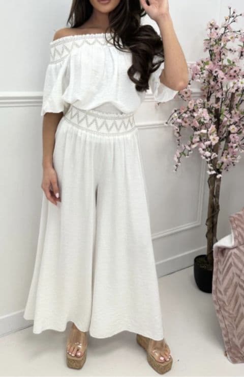 Macie Co Ord Bardot Top & Plazzo Set Warm White