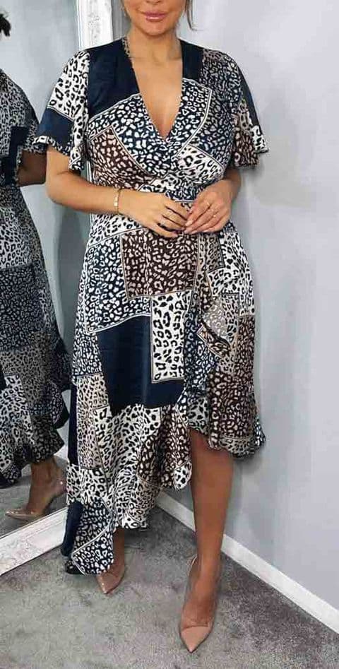 Navy Animal Print Patchwork Wrap Midi Dress