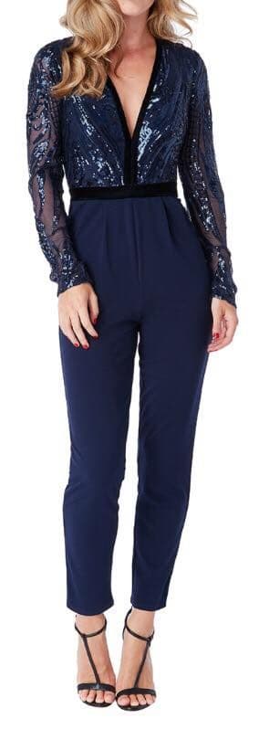 Navy Sequin Embroidered Plunge V Neck Jumpsuit