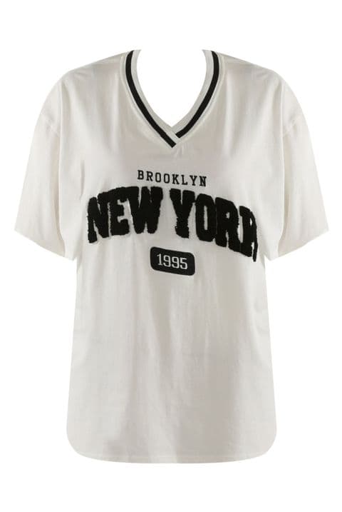 New York Embossed V-Neck T-Shirt White