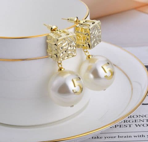 No.5 Pearl Effect Gold Cube Earrings