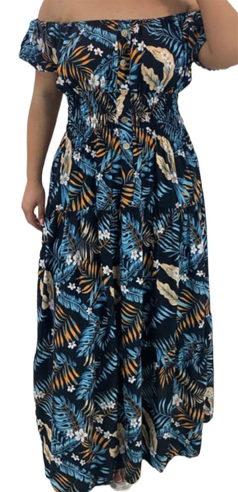 PALM BARDOT BUTTON MAXI MAGIC DRESS BLUE