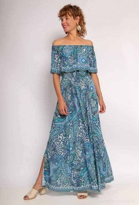 PARISIAN BLUE PAISLEY BARDOT MAXI DRESS