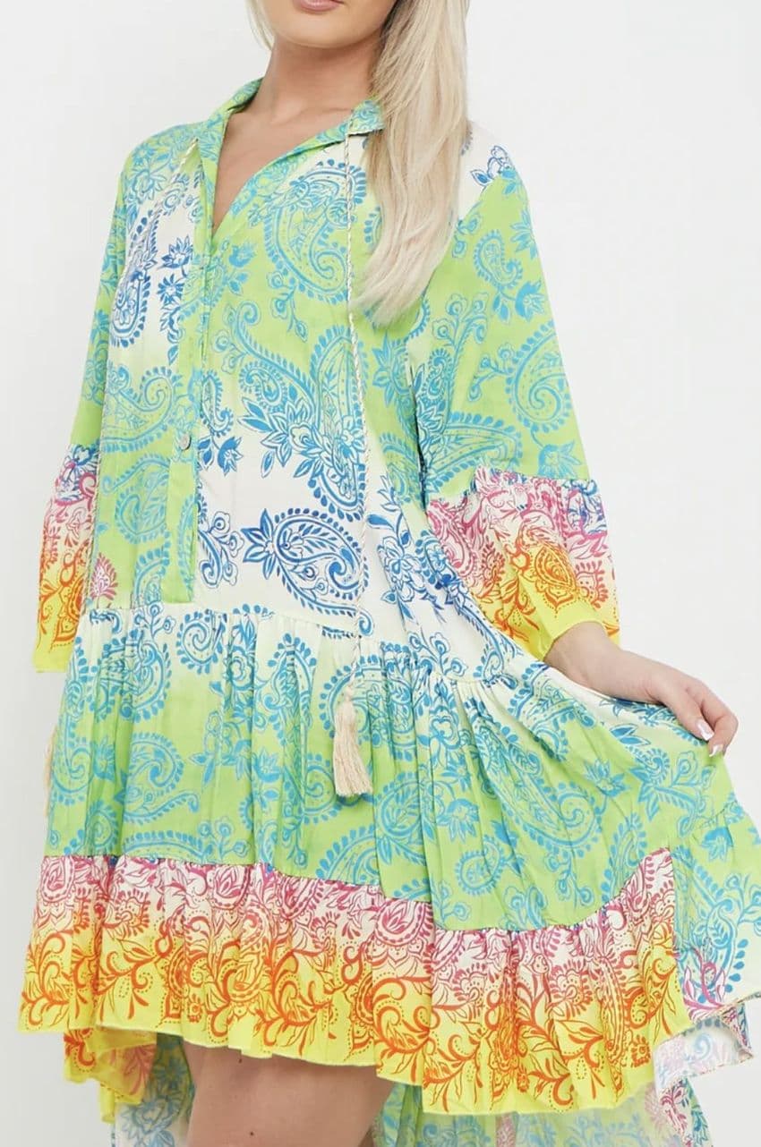 Patsy Paisley Print Smock Dress Aqua